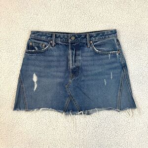 GRLFRND Eva Mini Medium Wash Distressed Denim A-Line Skirt Size 29